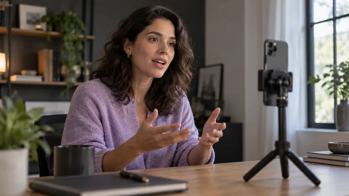 Creator speaking toward a phone mounted at eye level on a tripod.