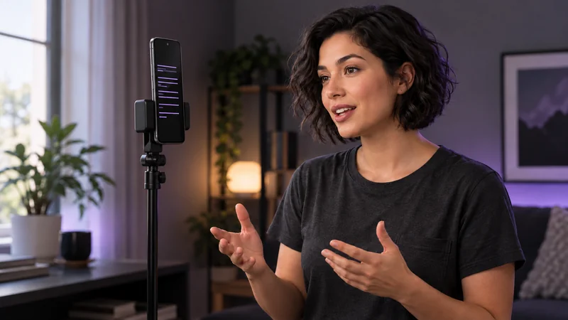 Illustrated creator looking toward a phone on an eye-level tripod while speaking with a relaxed hand gesture.