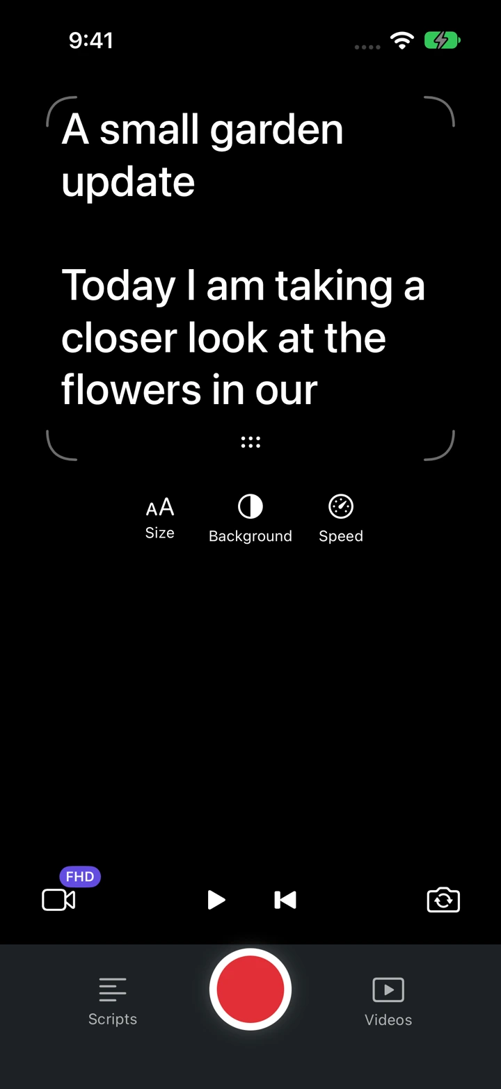 Camera mode includes Size, Background, Speed, camera settings, and the front/rear camera control.