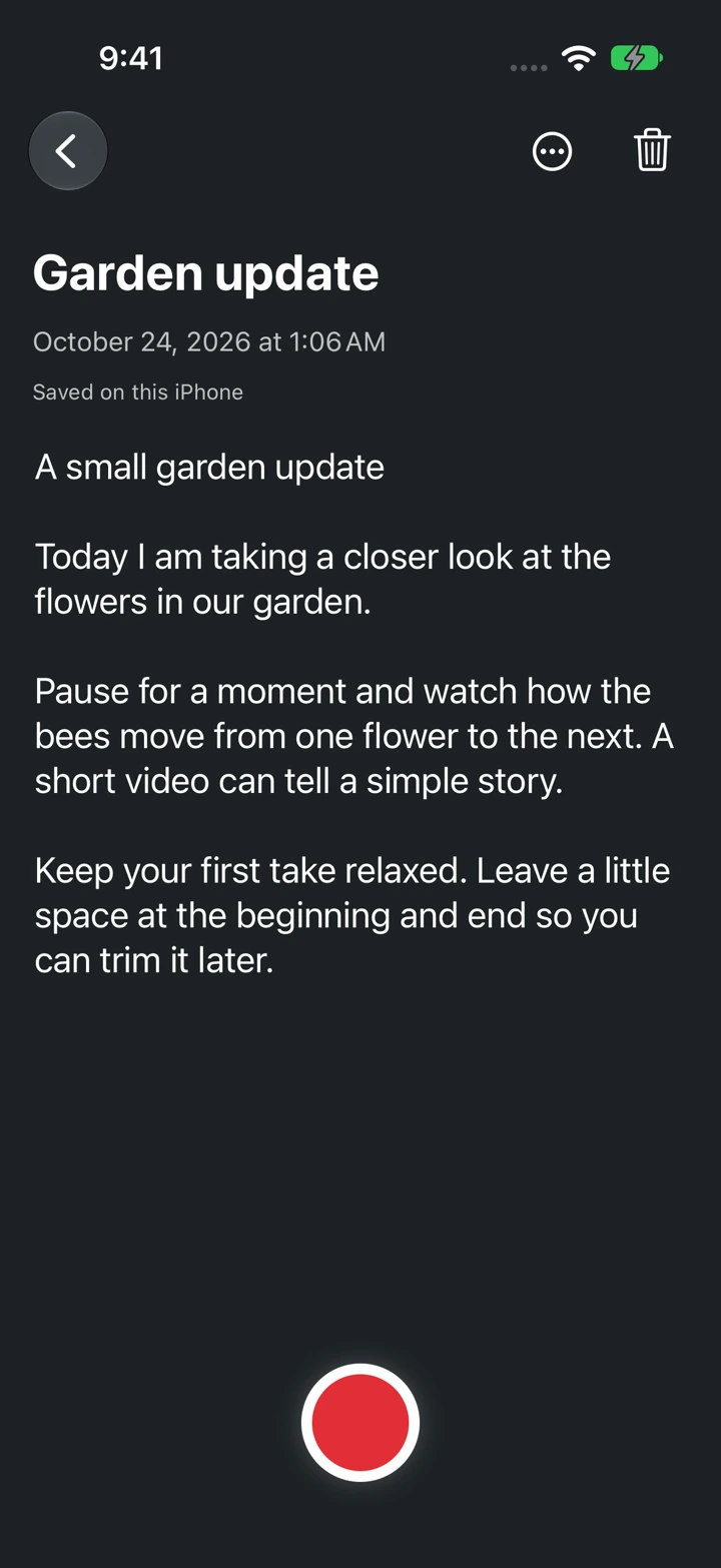The script editor shows the title, saved status, and Record button.
