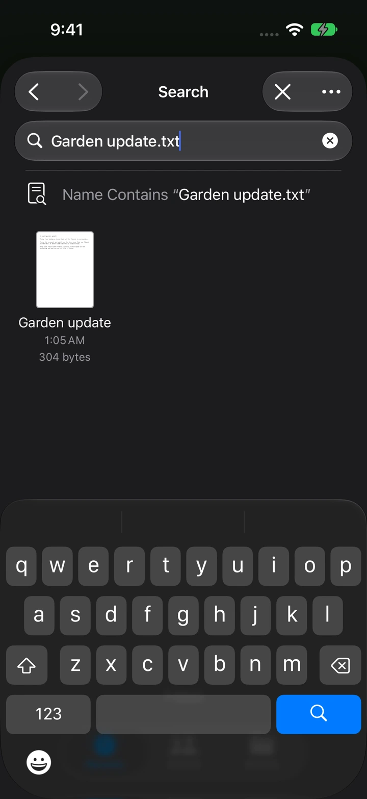 The iPhone file picker can search for a text file by name. Tap the file to import it.